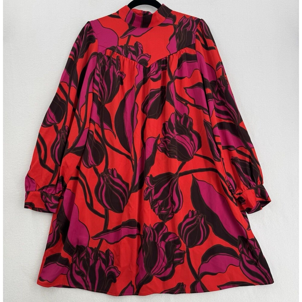 Who What Wear Floral Dress Womens Medium Red Pink Mock Neck Puff Sleeve Pockets
